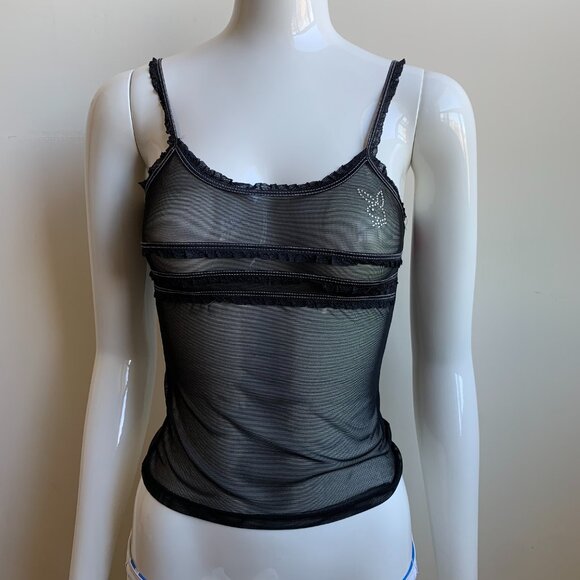playboy lingerie mesh black & rhinestone cami top - Picture 3 of 6